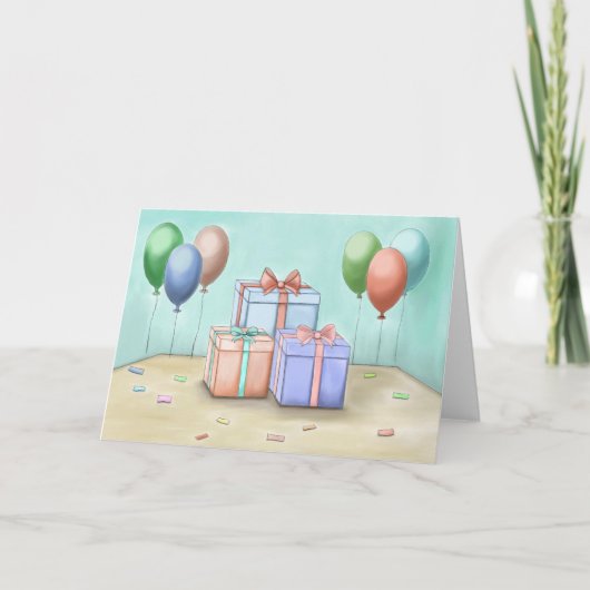 Geschenkboxen mit Ballons Feiertagskarte (Vorderseite)