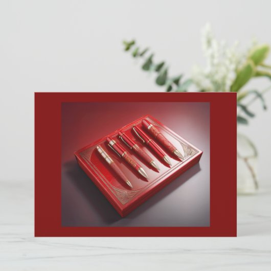 Geschenkboxen und fünf einzigartige Kugelschreiber Einladung (Stehend Vorderseite)