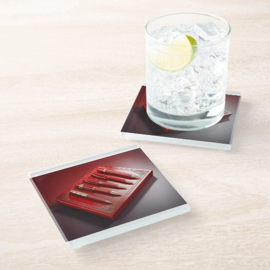 Geschenkboxen und fünf einzigartige Kugelschreiber Glasuntersetzer (Schrägansicht)