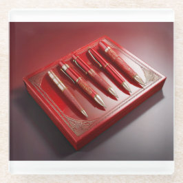 Geschenkboxen und fünf einzigartige Kugelschreiber Glasuntersetzer