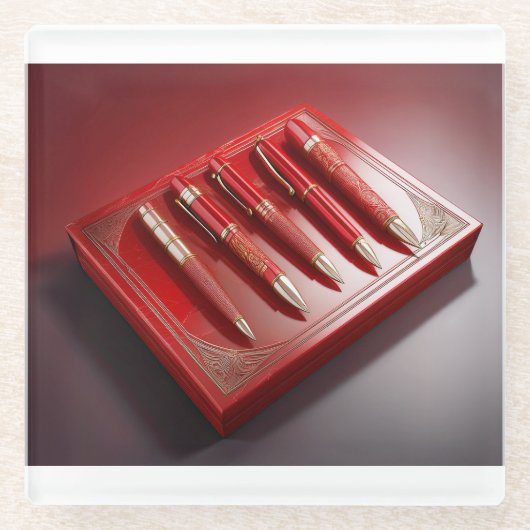 Geschenkboxen und fünf einzigartige Kugelschreiber Glasuntersetzer (Vorderseite)