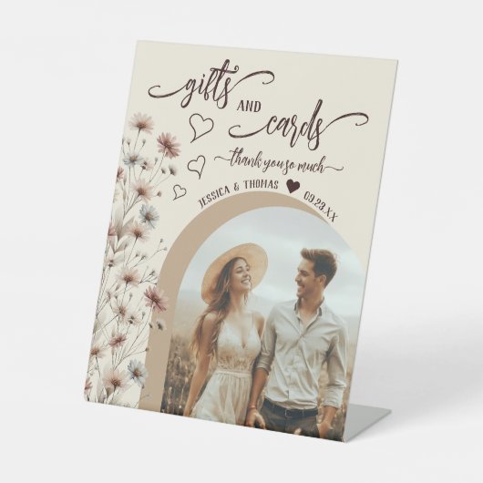 Geschenke & Karten Boho Wildblumen & Foto Hochzeit Sockelschild (Vorderseite)