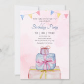 Geschenke pastellrosa blau Geburtstag Einladung (Vorderseite)