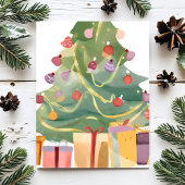 Geschenke unter dem Weihnachtsbaum | Aquarell Feiertagspostkarte