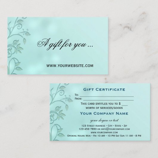 Geschenkgutschein Aqua Bokeh Floral Swirl Rabattkarte (Vorne/Hinten)