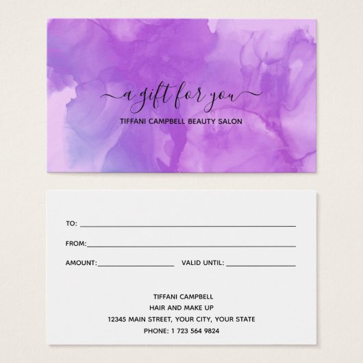 Geschenkgutschein aus lila Marmor und Glitzer (Vorne & Hinten)