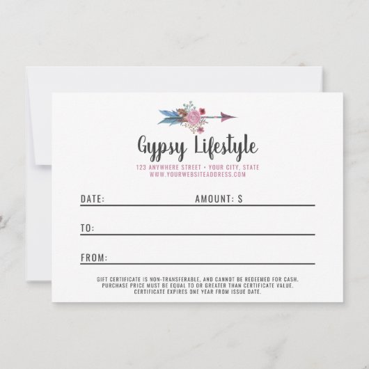 Geschenkgutschein Boho Chic Rustic Feather Arrow (Rückseite)