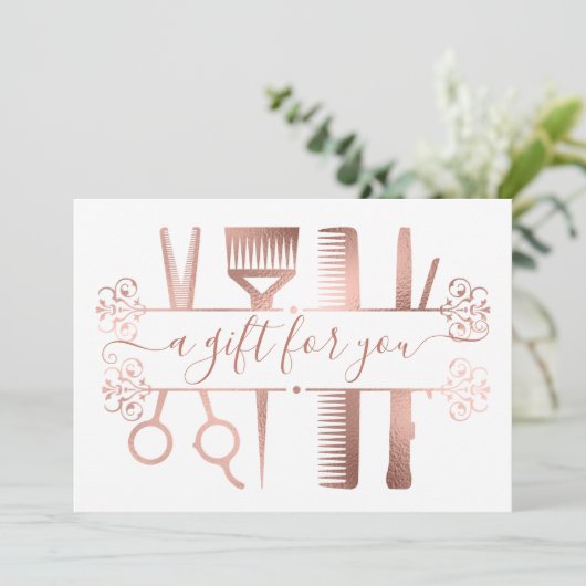 Geschenkgutschein Elegante Rose Goldene Scheren Fo (Stehend Vorderseite)