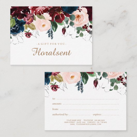 Geschenkgutschein für Burgund, Marine und Rosa Flo Rabattkarte (Vorne/Hinten)