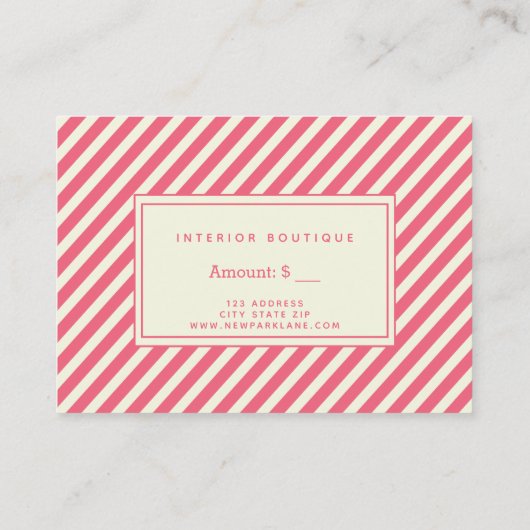 Geschenkgutschein für die rosafarbene Kanüle Visitenkarte (Rückseite)