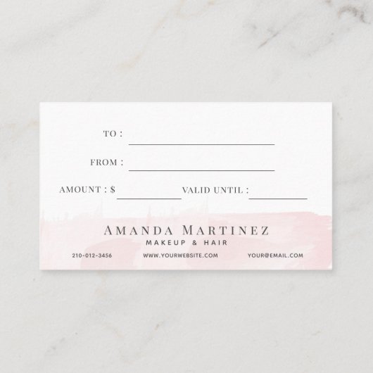 Geschenkgutschein für elegante Rosa Wasserfarben Visitenkarte (Rückseite)