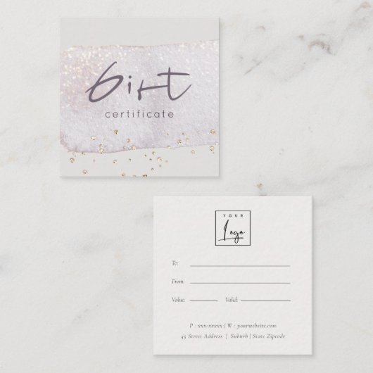 Geschenkgutschein für Gold Lilac-Pinselstriche Quadratische Visitenkarte (Vorne/Hinten)
