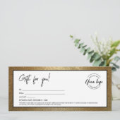 Geschenkgutschein für moderne Black Gold-Add-Logos Einladung (Stehend Vorderseite)
