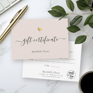 Geschenkgutschein für moderne Script-Gold-Herz-Log