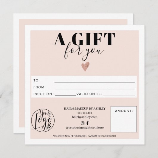 Geschenkgutschein für Pastell Rosa Quadrat (Vorne/Hinten)