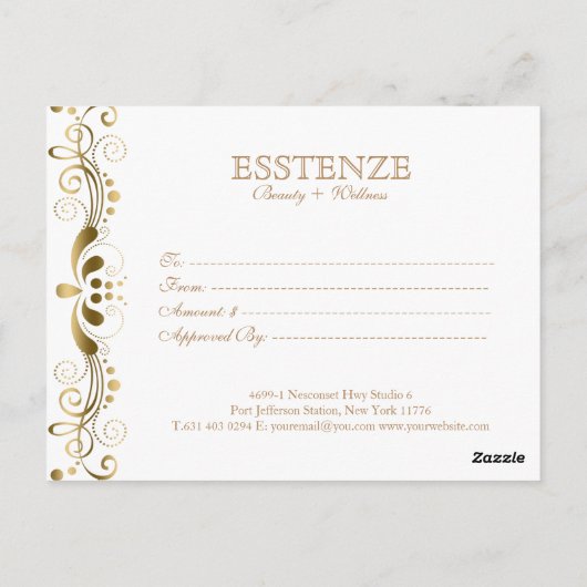 Geschenkgutschein "Gold On & White Floral Lace" Postkarte (Rückseite)