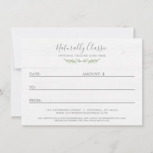 Geschenkgutschein Rustikales Holz und botanisches (Rückseite)