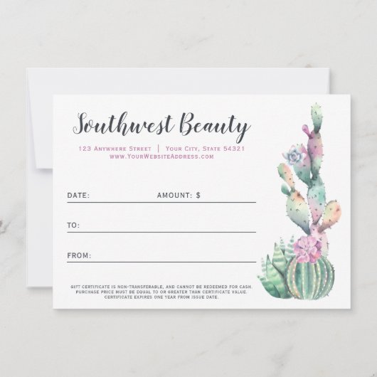 Geschenkgutschein Wasserfarben Sukkulent Cactus Bo (Rückseite)