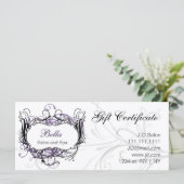 Geschenkgutscheine lila, schwarz und weiß (Stehend Vorderseite)