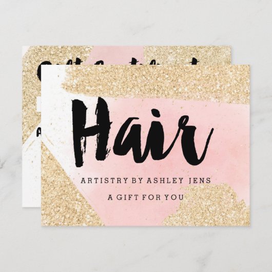Geschenkgutschrift Gold Glitzer Rosa Haar Skript (Vorne/Hinten)