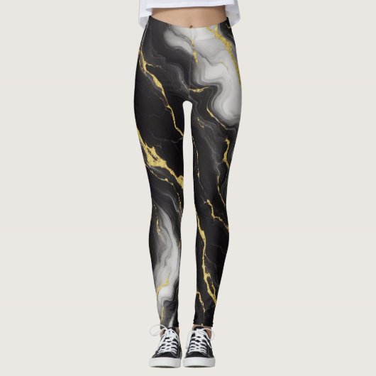 Geschenkideen aus Schwarz-weißem und goldenem Marm Leggings (Vorderseite)