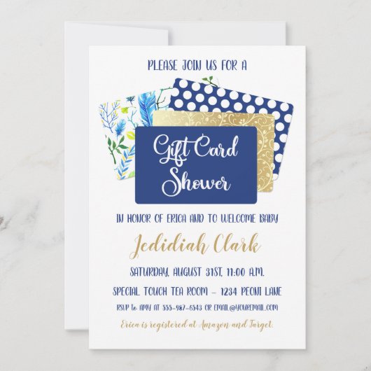 Geschenkkarte Dusche Blau und Gold Federn Einladung (Vorderseite)