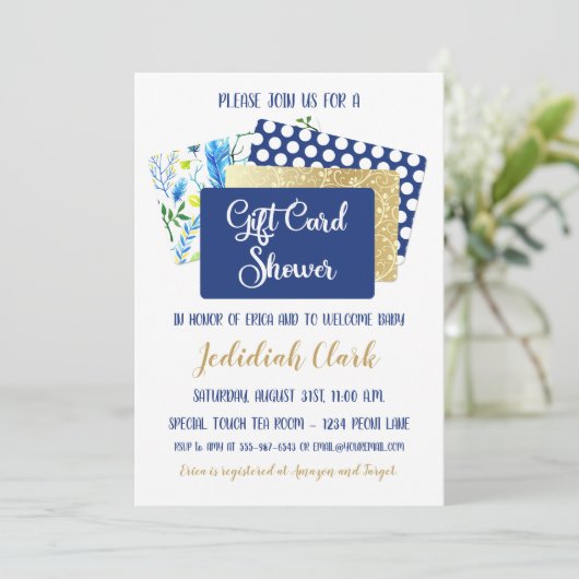 Geschenkkarte Dusche Blau und Gold Federn Einladung (Stehend Vorderseite)