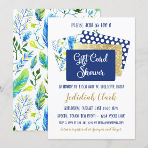 Geschenkkarte Dusche Blau und Gold Federn Einladung