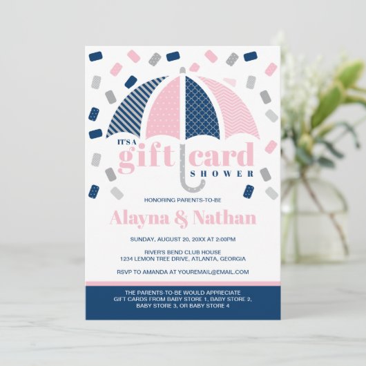 Geschenkkartendusche Einladung in Blau und Rosa (Stehend Vorderseite)