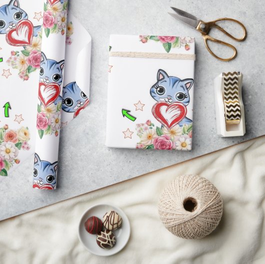 Geschenkpapier Blaue Katze Rotes Herz Floral (Kunsthandwerk)