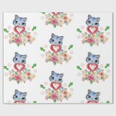 Geschenkpapier Blaue Katze Rotes Herz Floral (Flach)