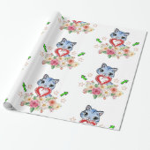 Geschenkpapier Blaue Katze Rotes Herz Floral (Ungerollt)