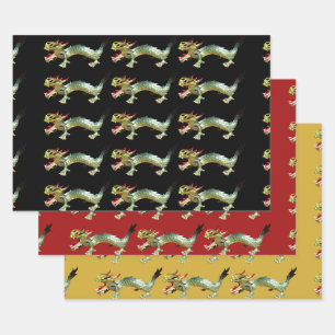 Geschenkpapier - Chinesische Drachen auf drei Farb Set