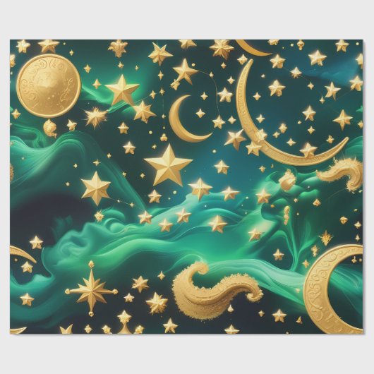 Geschenkpapier – Luxus Smaragd Himmel Mond (Flach)