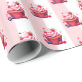 Geschenkpapier Rosa & Weiß gestreift Rosa Cupcakes (Rolleneckpunkt)