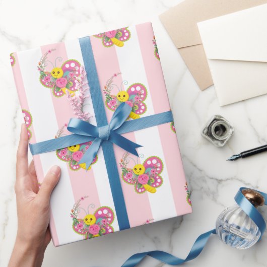 Geschenkpapier Rosa & Weiß Streifen Schmetterling (Schenken)