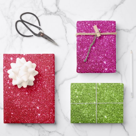 Geschenkpapier: Rot, Rosa und Grün Glitzer Geschenkpapier Set (Vorderseite)
