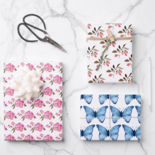 Geschenkpapier-Set aus 3 - Florales Schmetterlings Geschenkpapier Set
