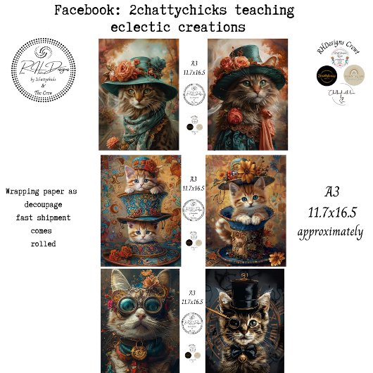 Geschenkpapier Vintage Floral Steampunk Katze A3 Set