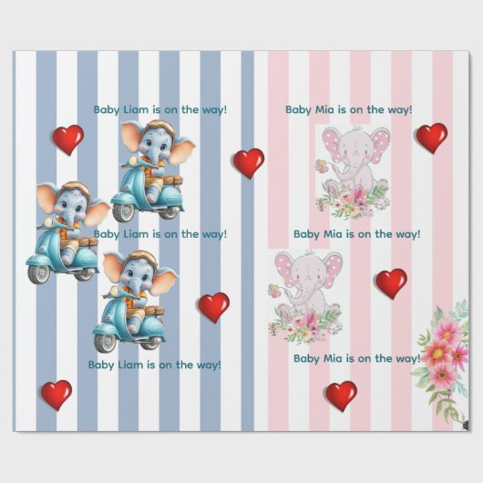 Geschenkpapier Zwillinge Blau Rosa Streifen Elefan (Flach)