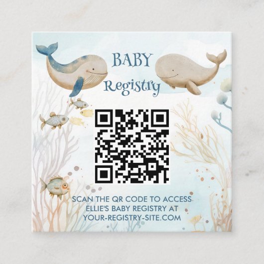 Geschenkregister QR Code Blue Beige Whale Baby Sho Begleitkarte (Vorderseite)