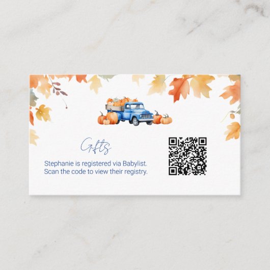 Geschenkregister QR Code Blue Truck Little Pumpkin Begleitkarte (Vorderseite)
