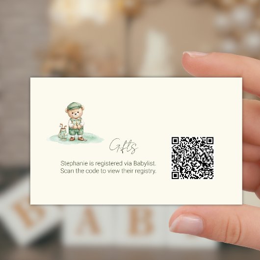 Geschenkregistrierungs-QR-Code Süßer Golf-Teddybär Begleitkarte
