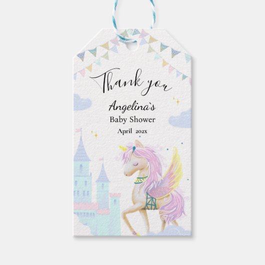 Geschenktafel für eine Babydusche mit Einhorn. Geschenkanhänger (Vorderseite)