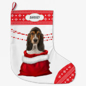 Geschenktasche Basset Hound Welpe Snowflake Border Großer Weihnachtsstrumpf (Vorderseite)