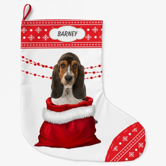 Geschenktasche Basset Hound Welpe Snowflake Border Großer Weihnachtsstrumpf (Vorderseite)