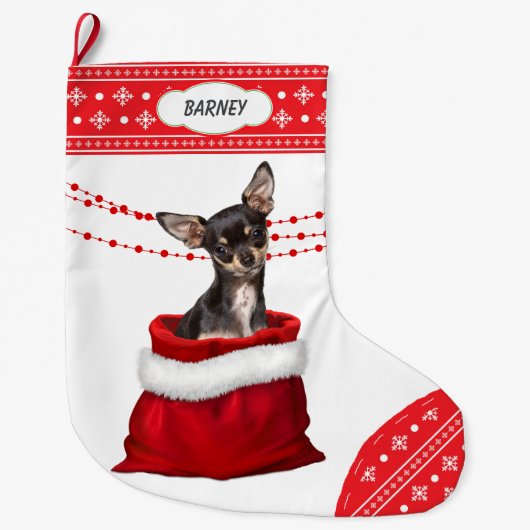Geschenktasche Black Tan Chihuahua Hund Snowflake  Großer Weihnachtsstrumpf (Vorderseite)