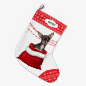 Geschenktasche Black Tan Chihuahua Hund Snowflake  Großer Weihnachtsstrumpf (Vorderansicht (hängend))