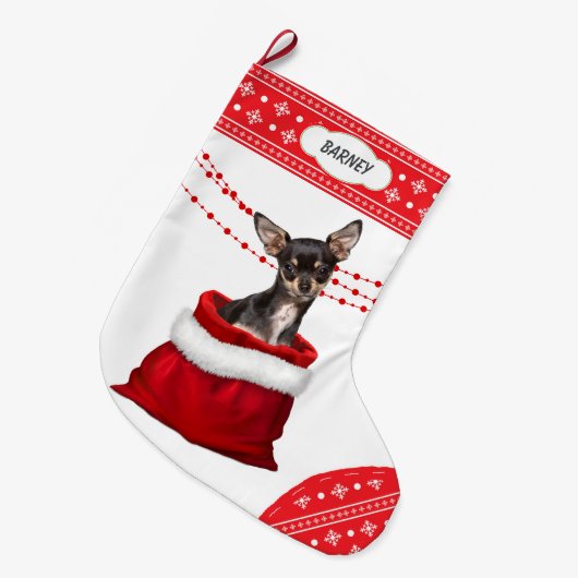Geschenktasche Black Tan Chihuahua Hund Snowflake Großer Weihnachtsstrumpf (Vorderansicht (hängend))
