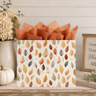 Geschenktasche mit Herbstlaub in Rostbraun, Creme Große Geschenktüte